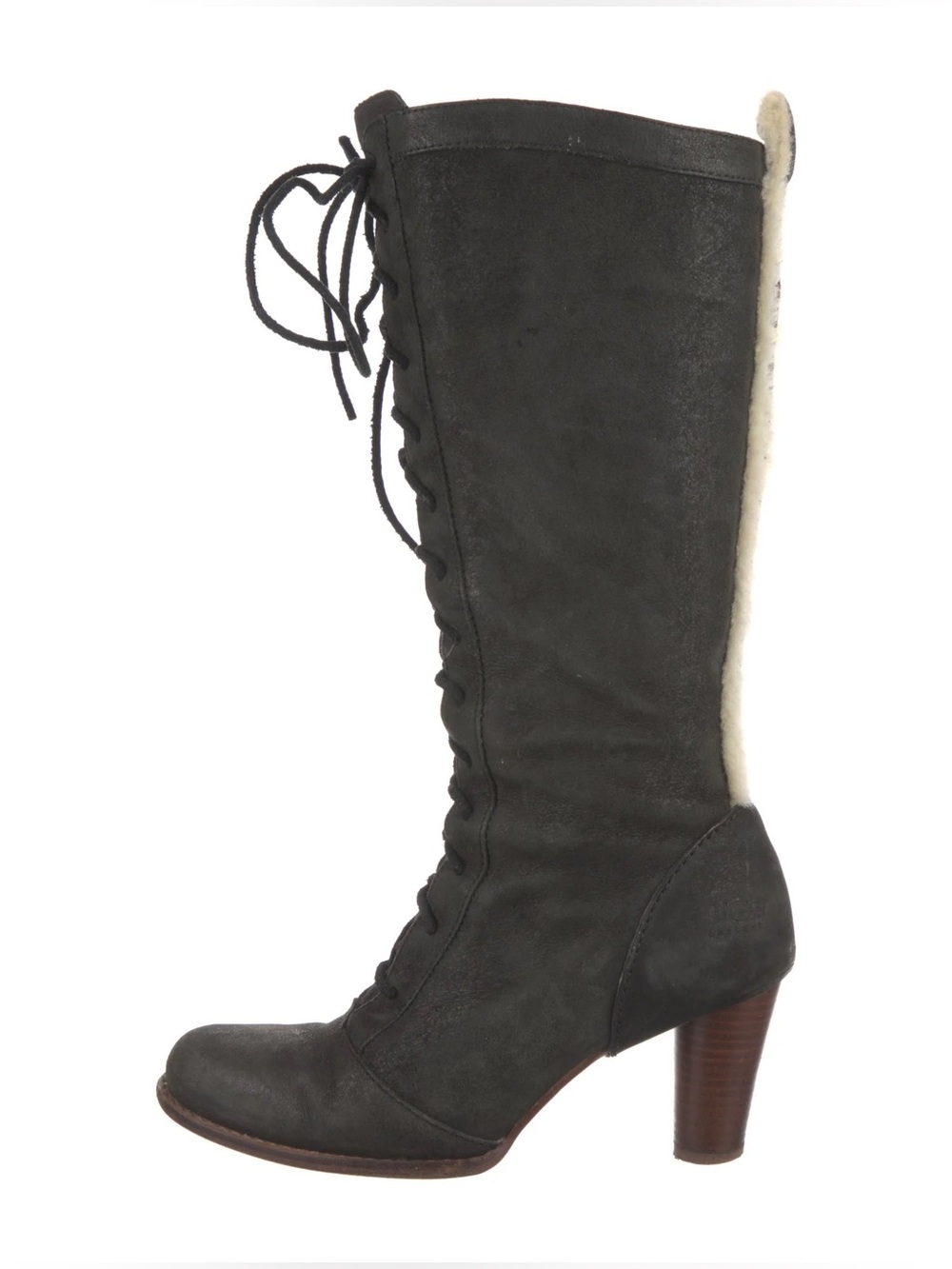 UGG Camille Black Lace-Up Mid-Calf Heeled Boots with Shearling Trim size 10